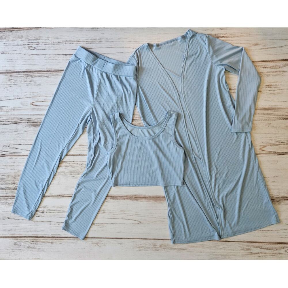 Shein 3 piece blue lounge set, pants, crop top and duster sz L